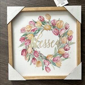 Floral Wreath Wall Art with 'Blessed' Inscription